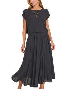 Womens Casual Maxi Dress Set Elegant Flowing Pleated Design Sleeveless Two Piece Coordinated Outfit Dark Gray Round Neck Floor Length Loose Fit Summer Spring Party Evening Wear - màu đen - Xem 2