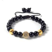 1pc Adjustable Size Micro-Inlaid Copper 10mm Ball Bracelet, Black Color Unisex Couple Bracelet