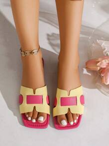 [AFBC-Gem] Women's Flat Sandals, Pink & Yellow H-Strap Slippers, Spring/Summer New Beach Sandals For Party, Birthday, Easter Gift, Low Heel Open Toe Colorblock Slides, Versatile Fashion Slippers