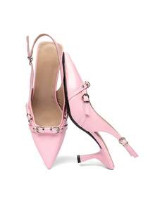 Europeisk och amerikansk stil med spetsad tå Höga klackar damskor Stilett, svampnitar och dekoration med bältesspänne. Lämplig för rockfestivaler och punkmode - Rosa - Visa 10