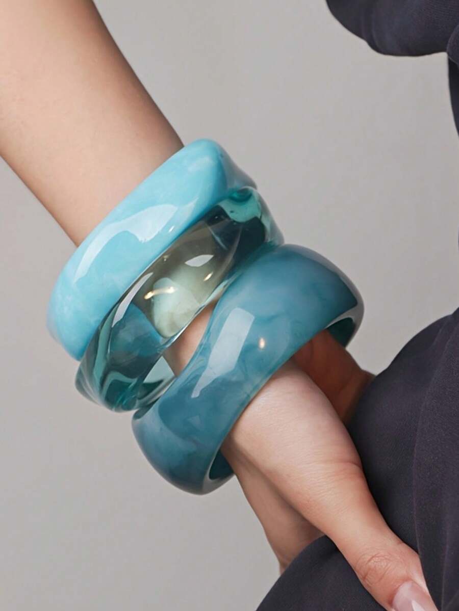 Bộ 3 vòng tay Acrylic phong cách đại dương tông màu xanh lam, kết hợp vòng tay chuyển màu thanh lịch, thích hợp để đeo nhiều lớp hoặc đeo riêng lẻ, tuyệt vời để đeo hàng ngày và đi nghỉ - Màu xanh lam - Xem 1