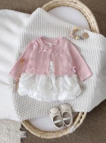 2pcs Baby Girls Sweet Headband Knit Cardigan & Rose Pattern Print Dress Set, Spring Autumn - Coral Pink - View 4