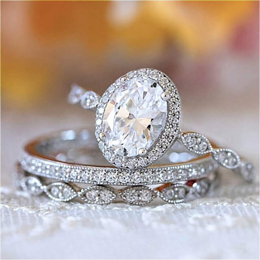 3-Piece/Set Stacked Commitment Ring Set, Couple Rings, Engagement/Wedding Eternal Rings, Valentine's Day, Mother's Day, Christmas Gifts, Eye-Catching Accessories For Parties And Banquets, Daily Casual Jewelry - White - View 1