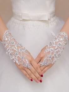 1 件多功能蕾丝水晶白色新娘手套，新款蕾丝手套，婚纱手套，新娘婚礼珍珠透明网眼长款白色表演宴会配饰覆盖手套秋季配饰 - 白色 - 查看 10