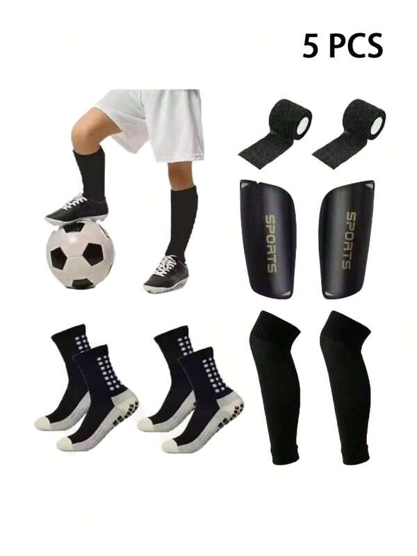 5pcs Football/Soccer Accessories Set: Non-Slip Leg Warmers, Shinguards, Bandages, Elastic Leg Sleeves, For Outdoor Sports Match & Training