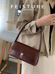 1个复古女士腋下单肩包，PU皮革材质，金属翻盖法棍包 - 咖啡棕 - 查看 9