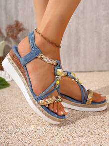 Women's Platform Sandals, Decorated With Big Pearls & Rhinestones, Bohemian Open Toe Thick Bottom Shoes. Paired With Elastic One-Push Design Mid-Heel Comfortable Thick Sole Wedge High Heel Lightweight Casual Woven Hemp Roman Sandals, Suitable For Summer