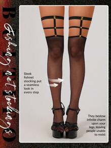 1 pieza Medias altas con remaches y calado para mujer, medias transparentes y sensuales sobre la rodilla