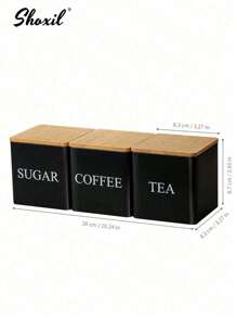 shoxil 3个带竹盖的密封咖啡储物罐 - 方形金属展示罐，适用于咖啡豆、茶叶、零食和干货，厨房橱柜收纳（3件套）