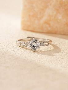 1 件 CZ 单石戒指，订婚可调节戒指，带礼盒，仿钻石白金戒指，适合女友妻子 - 白金 - 查看 4