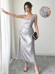 女士优雅晚礼服长裙，饰有蕾丝细节，收腰设计，A字廓形，不对称裙摆和拉链，适合度假、旅行、夏季穿着以及情人节。 - 淡紫色 - 查看 1