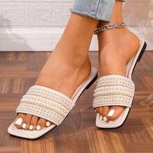 女士优雅珍珠串珠设计一脚蹬凉鞋，仿皮材质，简约风格，日常通勤舒适