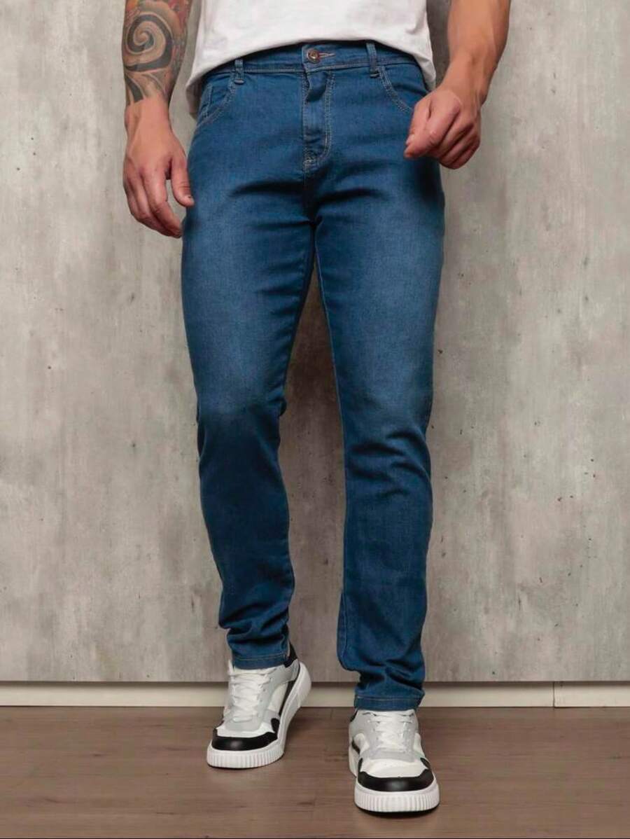 Men's Basic Jeans With Elastane And Pockets Direct From The Factory - Medium Wash - View 1