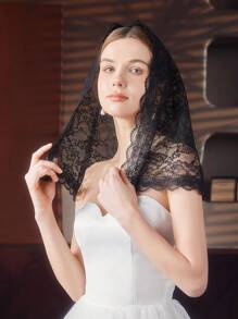 1 件女士短款单层镂空蕾丝边头巾，面纱头饰，适合婚礼、派对、摄影