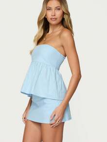 Two Piece Skirt Set For Women Summer Strapless Ruffle Trim Tube Tops Mini Skirt Set Going Out Outfits - Màu xanh lam - Xem 3