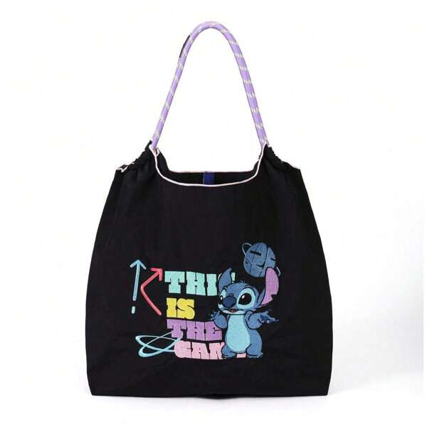 Disney Black Gaming Console Stitch Disney Collab Tote Bag For Women, Adorable Elephant Pattern, Spacious Design With Separate Pockets, Suitable For Beach, Travel, Shopping, Gatherings And Commuting