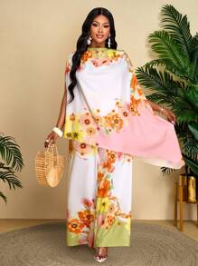 BIUBIU Women's Plus Size Fashionable Solid Color Elegant Stand Up Collar Fashionable Exquisite Bat Sleeves Tropical Print Asymmetrical Hem Shirt And Straight Leg Elegant Pants Set, Suitable For Casual Vacation, Fashionable Commuting Essential Outfit - White Yellow - View 5