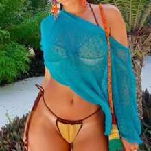 Women's Transparent Cape Top, Lightweight Knitted Shawl, Off Shoulder Mesh Top, Suitable For Summer Casual Beach Vacation Wear - 藍色 - 查看 2