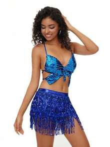2pcs Set Glitter Fringe Strap Dress For Belly Dancing, Latin Dance, Stage Performance, Competition - 彩色 - 查看 20