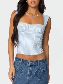 Women Sweetheart Neck Crop Tank Top Y2k Gingham Sleeveless Vest Shirt Slim Fit Cap Sleeve Camisole Streetwear - 藍色 - 查看 1