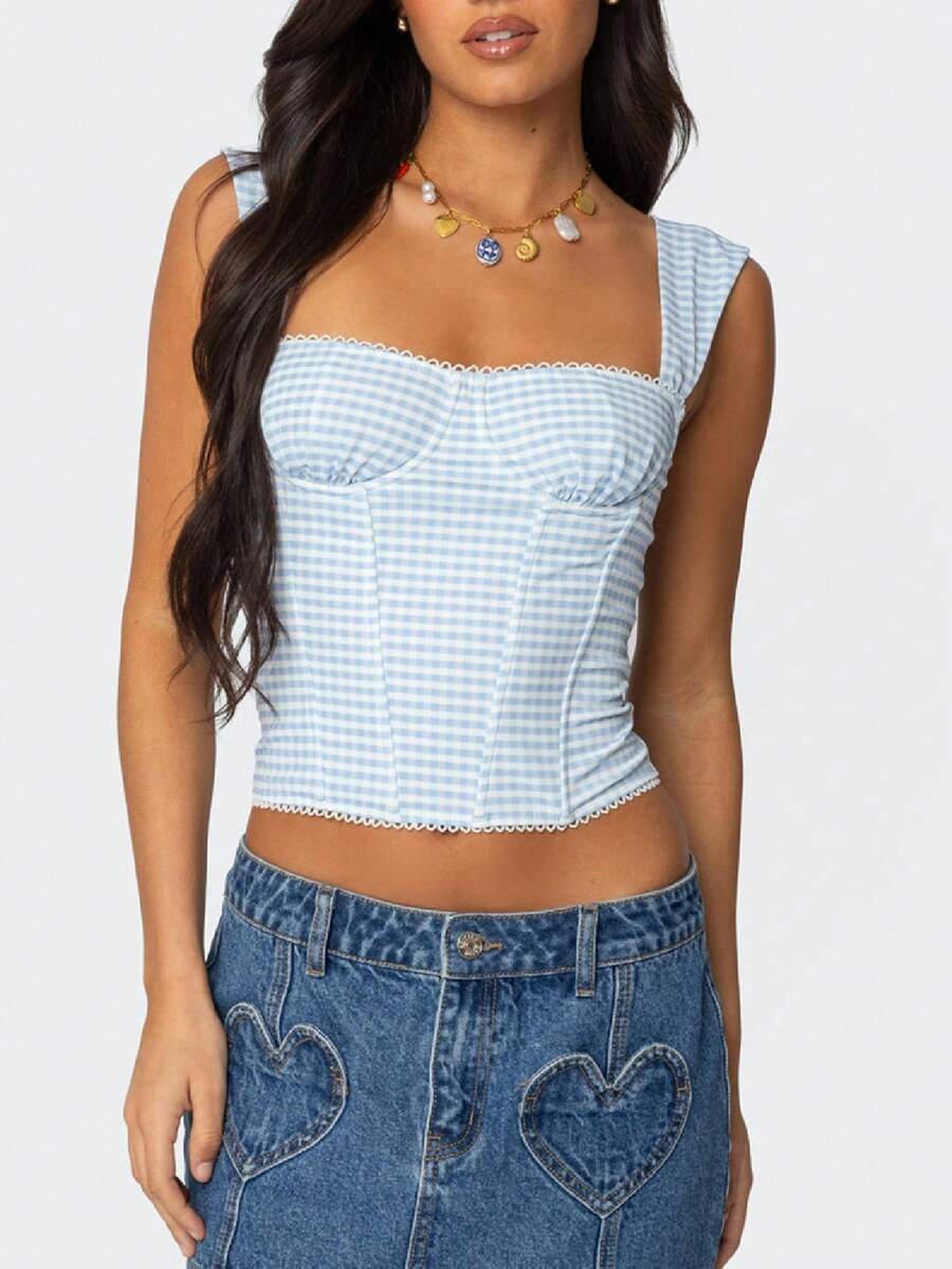 Women Sweetheart Neck Crop Tank Top Y2k Gingham Sleeveless Vest Shirt Slim Fit Cap Sleeve Camisole Streetwear - 藍色 - 查看 1