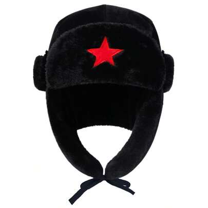 1 件男士五角星刺绣 Ushanka 帽子，保暖防风户外休闲帽，适合秋冬季服装