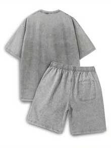 Men's Washed Retro Wax Printed Cotton T-Shirt 230g, 290g Washed Retro Shorts, Milan Italian Print Suitable For Summer Wear, Outdoor Sports, Casual Shorts T-Shirt Shorts Set - 深灰色 - 查看 2