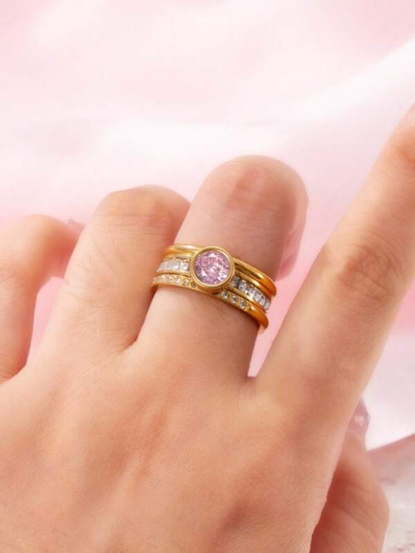 3 piezas set anillos de lujo de acero inoxidable chapados en oro de 18 quilates para mujer: anillo de circonita cúbica cuadrada de una sola hilera y anillos de doble bola, ideal para uso diario, regalo para fiestas y citas.