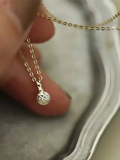 S925 纯银颈链 14K 镀金方晶锆石单颗钻石颈链项链 女士生日礼物，优雅珠宝日常佩戴