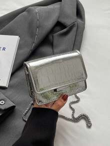 Bolso mini texturizado, bolso cruzado de cadena versátil de moda de verano 2025, bolso cuadrado mini elegante - Plateado - Ver 2