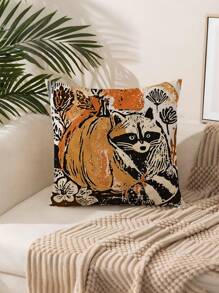 1 pieza Funda de cojín de otoño, estampado bohemio de calabaza fantasma y mapache, tela de poliéster con cremallera, estampado de una sola cara, sin inserto de cojín, decoración del hogar de otoño y Halloween, adecuado para el estilo rústico, patio exterior, sofá, cama, artículos para fiestas