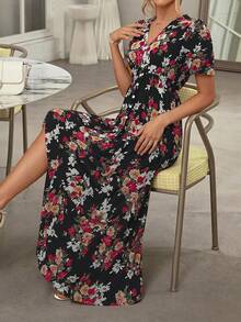 Rusttydustty 波西米亚玫瑰花卉收腰女士长裙，适合情人节、夏季派对、海滩度假、音乐节、婚礼季和晚宴等场合。 - 黑色 - 查看 5