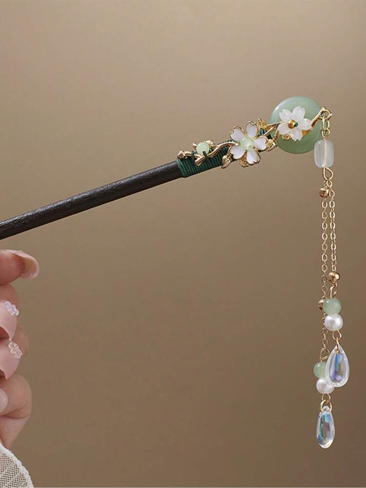 5/3/1 pezzo Fermaglio per capelli con fiori e nappe in stile cinese, accessorio per capelli in legno di ebano, adatto per donne per uso all'aperto, viaggi, fotografia, vacanze, banchetti, feste, regalo di Natale, regalo per le vacanze, fiori, outfit da vacanza per donna, accessori per capelli, accessori per la testa - Verde - Visualizzare 11