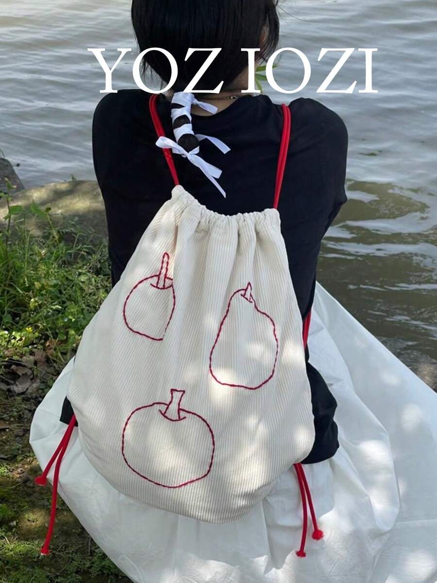 返校大红苹果学生背包，小众设计米色抽绳书包，百搭可爱，适合日常外出，适合大学生和高中生 - 米色 - 查看 1