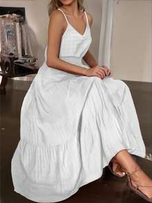 Vestido Liso Para Mujer Con Tirantes,Vestido Con Cintura Fruncida Y Elástico, Vestido Largo Con Ribete Fruncido - Blanco - Ver 4