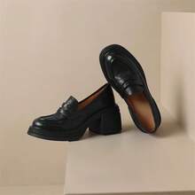 New Pure Color Round Toe Small Leather Shoes Thick Sole Thick Heels JK Lolita Cosplay Loafers Single Shoes - Black - View 2