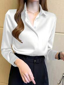 Áo sơ mi nữ dài tay màu đen thanh lịch, chất liệu polyester hơi xuyên thấu, có chi tiết cúc cài, lý tưởng cho mùa xuân/hè/thu. - trắng - Xem 5