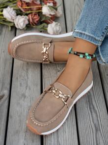 女士平底乐福鞋，时尚金属扣装饰女士休闲一脚蹬鞋，舒适妈妈/学生装 - 杏色 - 查看 12