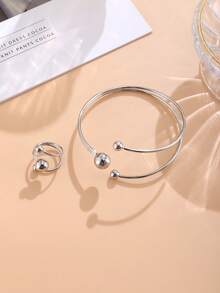 2pcs Bohemian Style Bracelet & Ring Set - Vintage Minimalist Round Bead Open Design Layered Bangle And Ring, Elegant Accessories For Beach Party, Holiday Gift - Multicolor - View 8