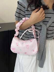 1 Peça Bolsa Transversal de Lona Floral Versátil, Bolsa com Alça de Ombro Casual Fofa com Cordão Embaixo do Braço, Portátil