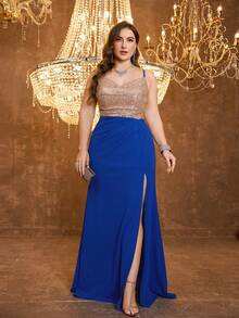 UNITHORSE 大码女式吊带修身开衩亮片拼接纯色针织晚礼服 - 藏蓝色 - 查看 4