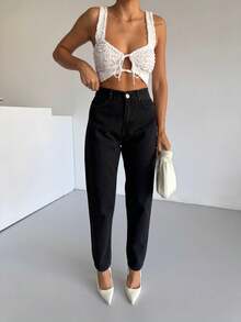 Hoch taillierte Knie Laser zerrissene Freund Mutter Jeans, einfarbig zerstört asymmetrische/asymmetrische Taschen