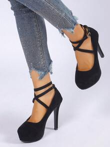 Women's Fashion Outdoor Black Criss-Cross Buckle Strap Super High Heel Pumps - Black - View 6