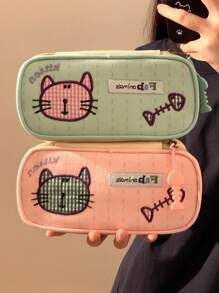 1pc Cute Cat Design Pencil Case, Highly Attractive Candy Color Contrast Color Pencil Box, Large Capacity Stationery Storage Bag, Unique Design,School Supplies,Back To School