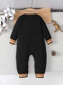 Cute Casual Half Open Front Ribbed Collar Embroidered Little Dinosaur Baby Romper