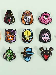 9Pcs Cartoon Anime Horror Characters Enamel Pin Mysterious Fantastical Green Alien Creature Mummy Gothic Animal For Kid'S - one-size - View 1