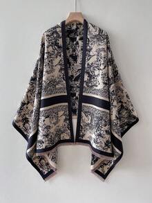 1pc Elegant Floral Jacquard Faux Cashmere Warm Scarf For Women, Autumn/Winter, Fashion Versatile Air Conditioning Shawl Blanket Suitable For Daily Matching And Decoration For Dress - Black - View 1