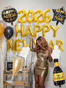 65pcs/Set HAPPY NEW YEAR 2026 Gold New Year Party Decorations, 16" Gold Letter Foil Balloon Banner, Giant Champagne Bottle & Glass Balloons, 18" Black & Gold Star/Round Celebration Balloons, 10" Black Latex Balloons, 5" Silver Star Balloons, For Christmas, New Year's Eve, New Year Celebration Decor, Room Decoration, Singles Party - 彩色 - 查看 5