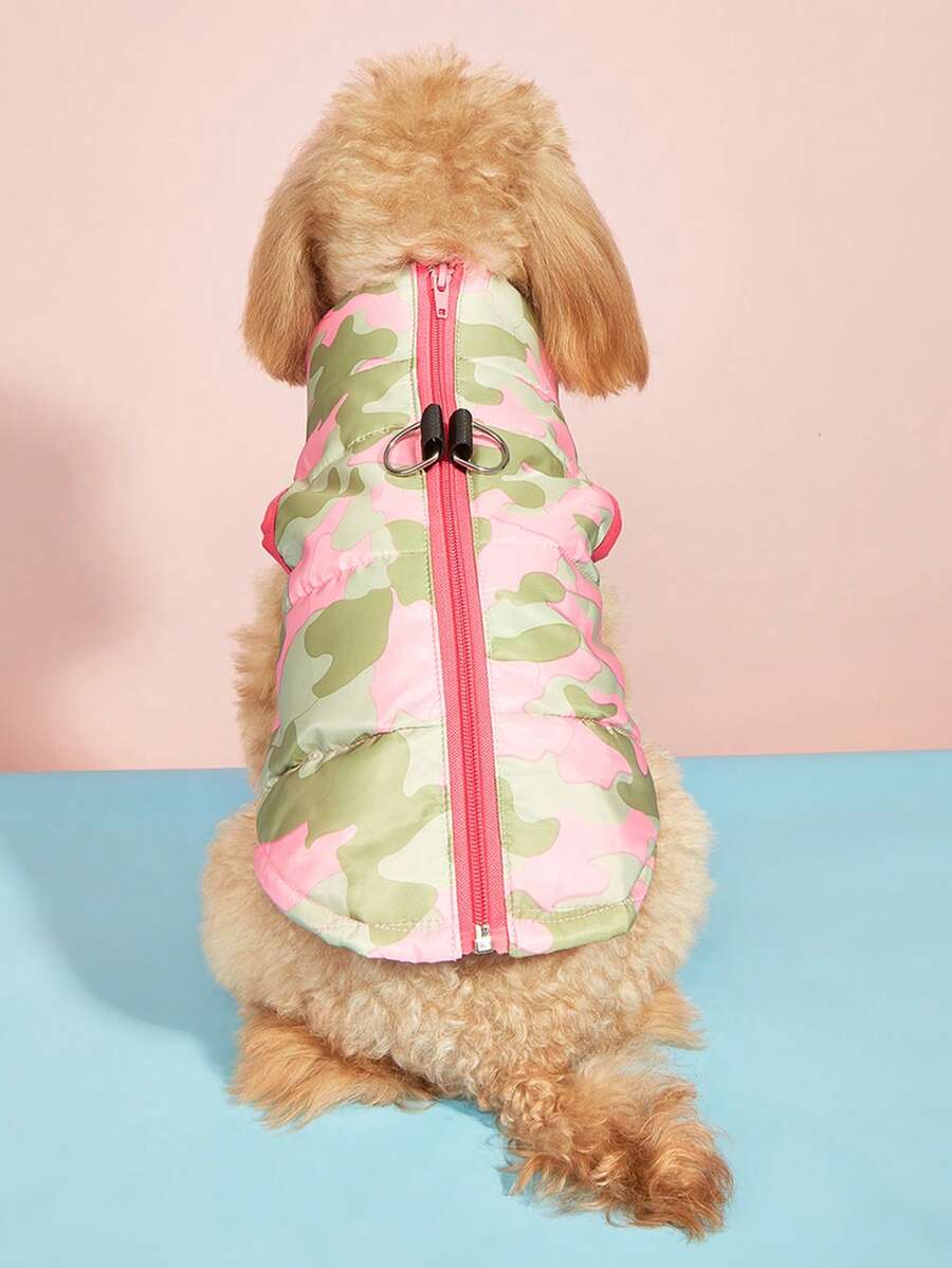 1pc Pet Clothes Autumn/Winter Fashionable Vest, Contrast Color Camouflage Zipper With Leash Hole, Suitable For Poodle, Bichon Frise, Skiing