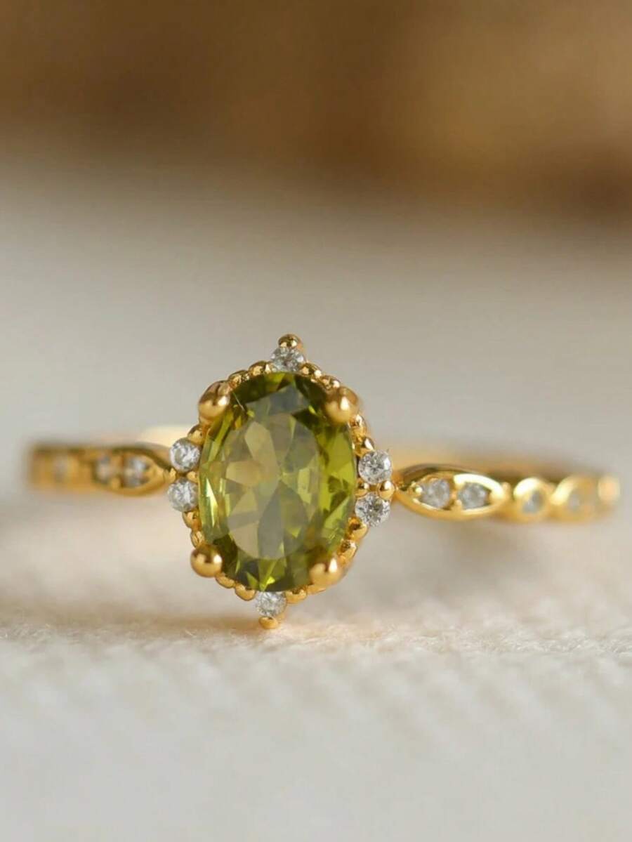 Delicate Charm  Imitation Peridot  Ring For Women Wedding Engagement Jewelry Minimalist Stackable Ring Birthday Anniversary Christmas Gift - Vàng - Xem 1